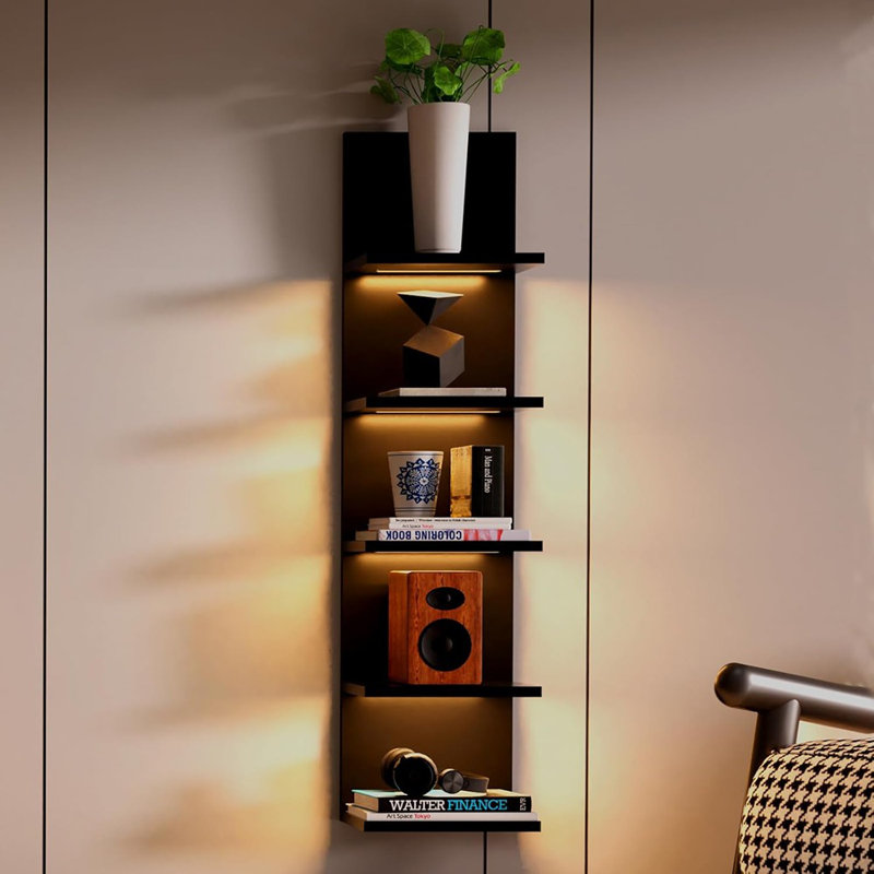 5 Tier Wall Shelves With LED Light, Vertical Column Shelf Floating Storage Home Decor Organizer Tall Tower Design Utility Shelf (Black)