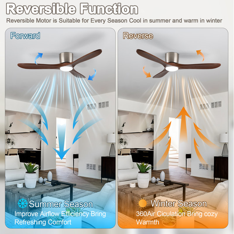 Parzy 52" Flush Mount Ceiling Fan Solid Wood Blades Ceiling Fan With Light With Remote Control