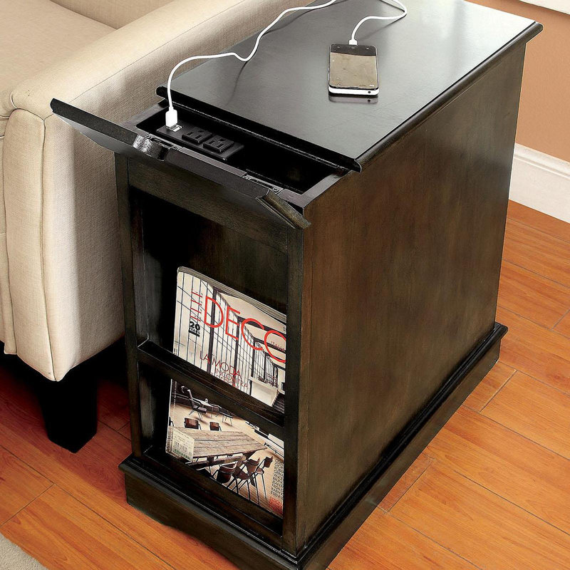 Porte-gobelet escamotable transitionnel pour armoire de table d'appoint avec prise USB intégrée, gris