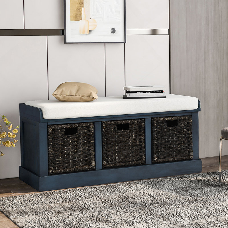 Banc de rangement avec panier en rotin classique amovible, banc d'entrée avec coussin amovible, Marine antique