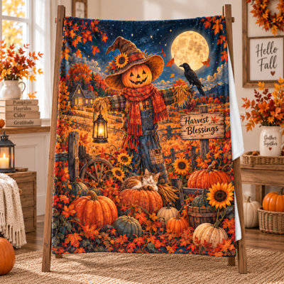 Harvest Blessings Scarecrow Blanket, Fall Flannel Throw with Pumpkins, Sunflowers, Black Bird, Moon and Farm Scene for Sofa, Bed and Autumn Accent, 40 x 50 in