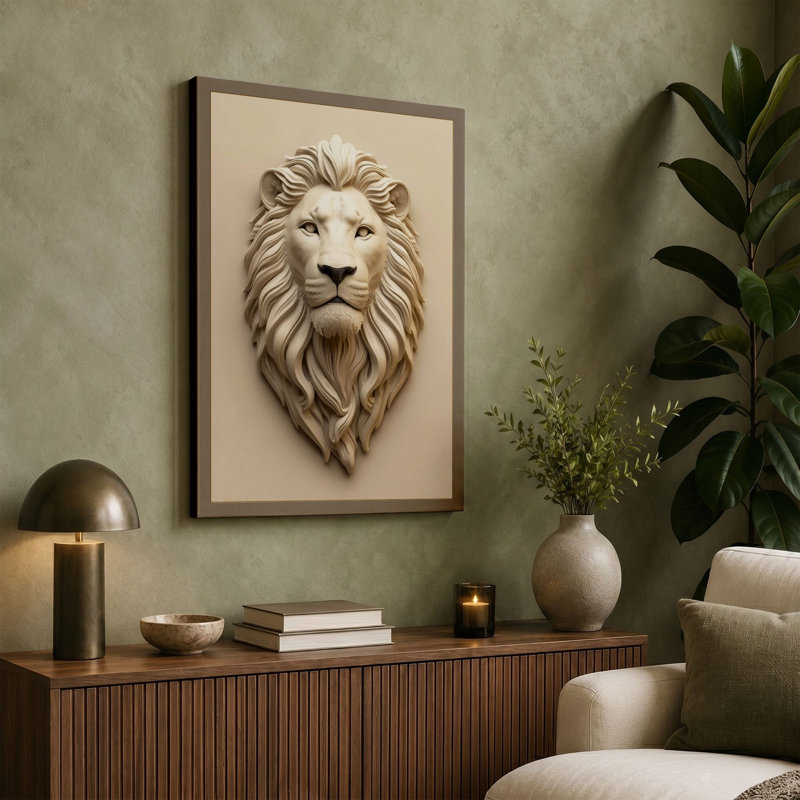 Carved Lion in Stone Rustic - Wrapped Canvas, 36x24 - 91.4 x 61.0 cm, Terracotta Border