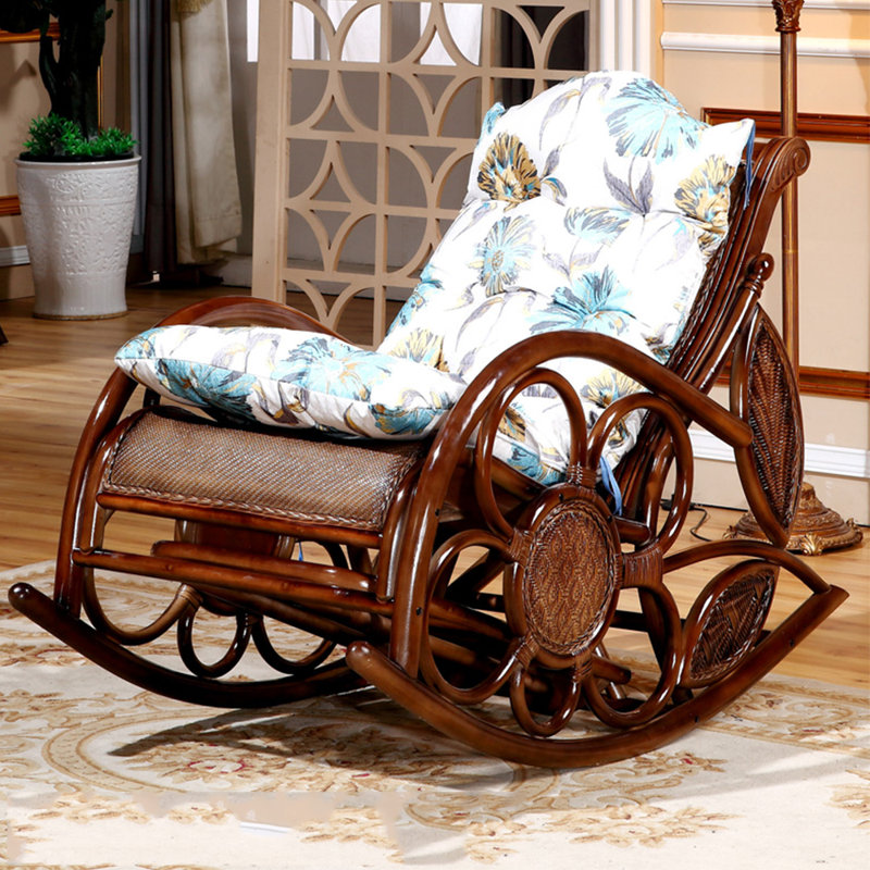 Chaise berçante élégante en rotin, Blanc / Bleu / brun foncé