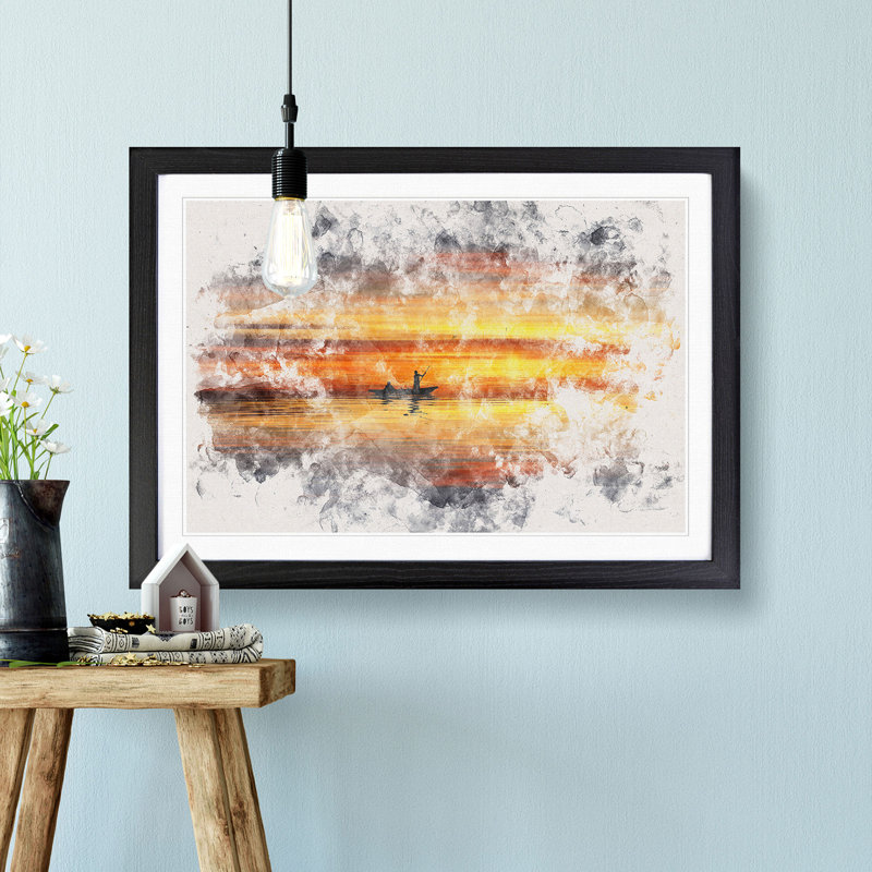 A Boat at Sunset Watercolour - Picture Frame Graphic Art Print, Black Framed, 45cm H x 63cm W x 2cm D