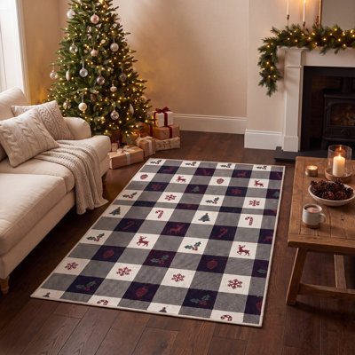 Tapis de Noël Sagalassos moderne à carreaux rouge et blanc antidérapant à poils bas pour l'intérieur et l'extérieur Animaux de compagnie pour le salon Chambre à coucher Salle à manger Hall d'entrée Bureau Tapis de Noël Tapis de Noël Paillasson lavable