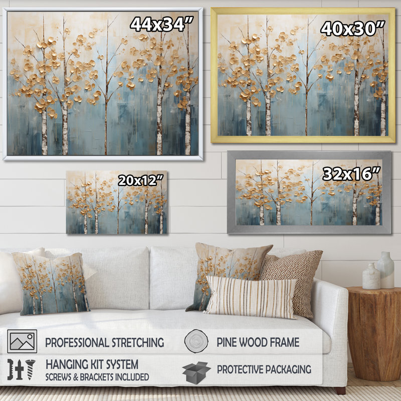 Minimalisme, arbres dorés et bleus, paysage II - art mural arbres, H 12 po x l 20 po x P 1 po, Cadre flottant brun