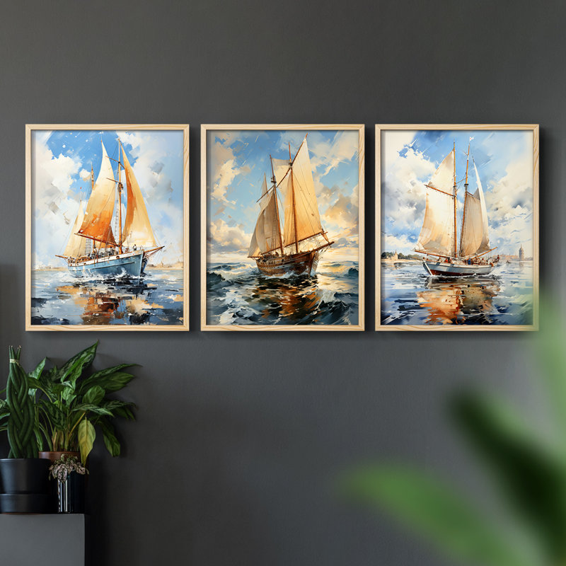 Série Sea and Shore Lxxi -Set de 3 estampes numériques giclées -Prêt à accrocher, Naturel, H 10 po x l 24 po