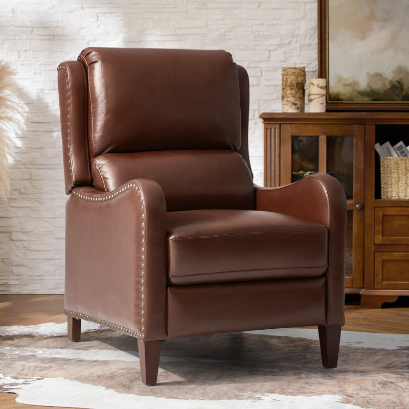 Fauteuil inclinable manuel en cuir véritable avec pattes en bois massif Beecher Traditional, Brun