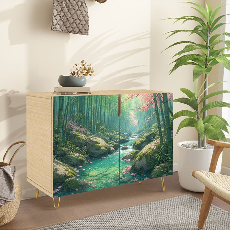 Buffet Buffet avec rangement Serene Bamboo Forest Stream Cherry Blossom Petals Mossy Rocks