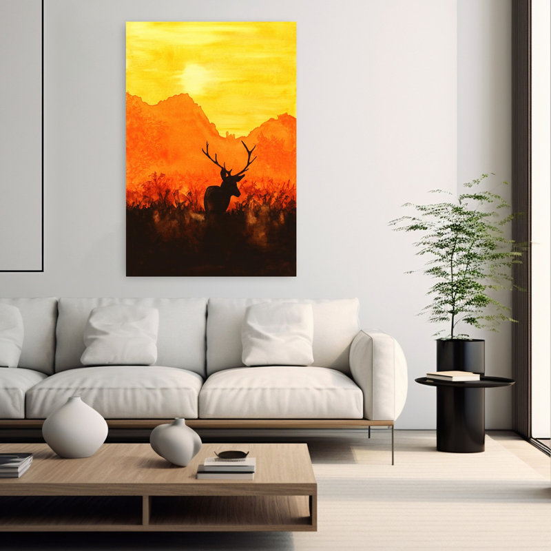 Cerf rouge dans le soleil du soir, art animalier abstrait audacieux, H 60 po x l 40 po