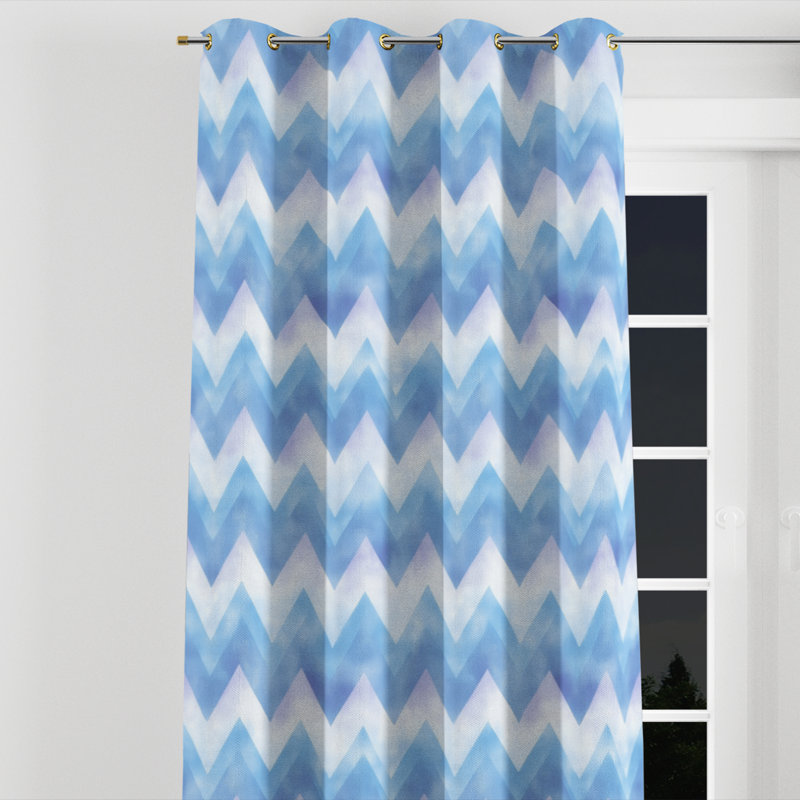 Boho Room Darkening Curtains - Contemporary Boho Blue And White Cloud Chevron Grommet Curtain - 1 Panel, Gold Grommets