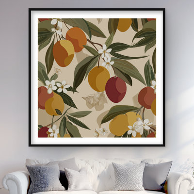 «Hanging Fruits» - reproduction matte encadrée beige pour la décoration intérieure