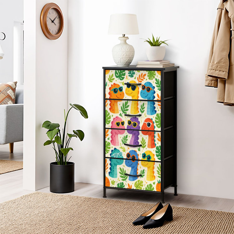Commode 4 tiroirs pour chambre à coucher, commode étroite, plateau en bois et structure en fer 18 "x 37,5" - (H x H) - avec motif de feuilles de lunettes de soleil de dinosaures