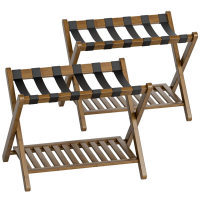 Porte-bagages, ensemble de 2, support pliable en bambou avec tablette de rangement pour chambre d'amis, chambre à coucher, hôtel, robuste (noyer)
