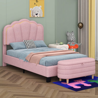 Witcomb Flower-Shaped Upholstered LED Platform Bed With Storage Ottoman-Sherpa Fabric