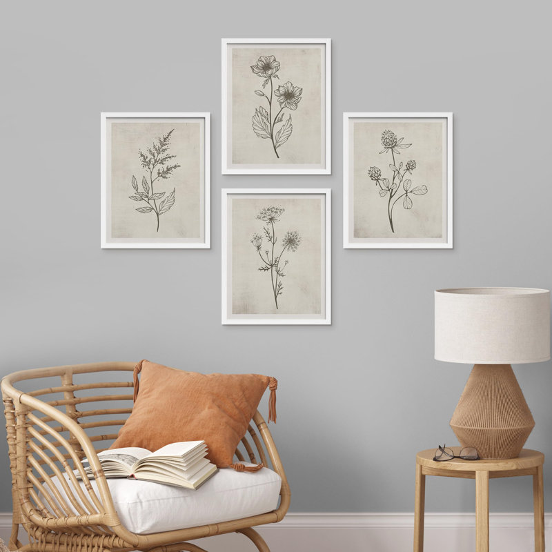 Fleurs abstraites botaniques encadrées sur papier, impression de 4 pièces, Blanc, H 16 po x l 12 po