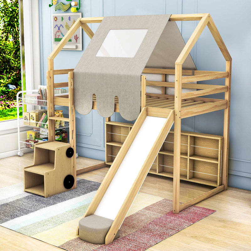 Artia Playful Loft Bed With Slide, Staircase, Natural/Beige, Twin