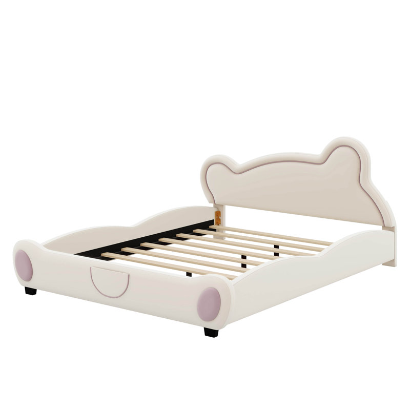 Lit plateforme en velours avec tête de lit en forme d'ours et poche de bout de lit, Beige, Double