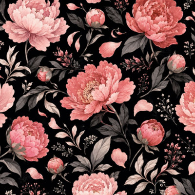 Rouleau de papier peint amovible à motif de pivoines, pétales roses, étamines jaunes, feuilles grises noires, l 17,7 po x H 118 po