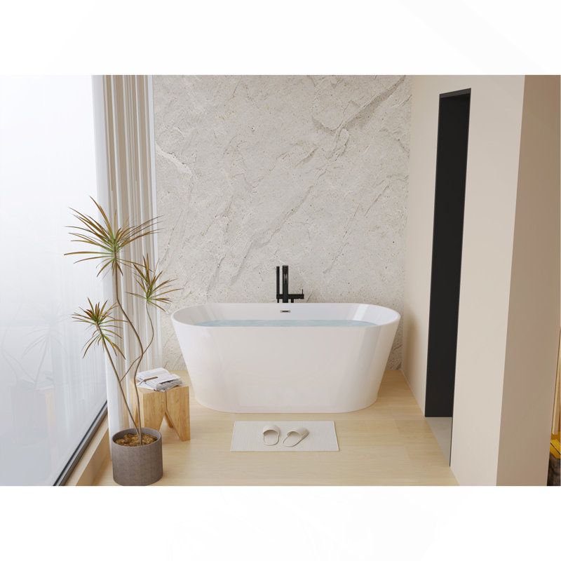 Baignoire autoportante 59 po en acrylique, baignoire autoportante, drain chromé Toe-Tap, certifié Cupc, acrylique blanc brillant
