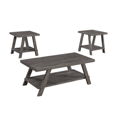 3PC Gray Coffee Table Set Coffee Table And 2 End Tables Wood Grain Finish Built-In Storage Shelf Contemporary Living Room Home