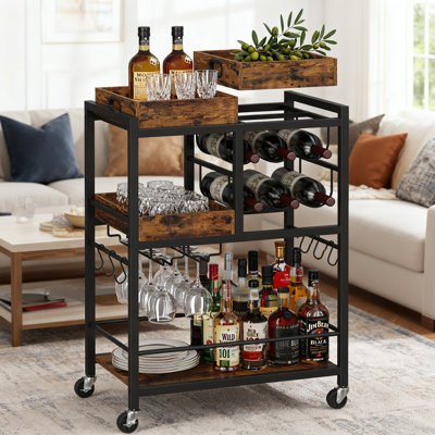 3-Tier Rolling Bar Cart With Removable Tray, Wine Rack & Glass Holder - Mobile Kitchen & Beverage Serving Cart With Locking Wheels For Living Room, Ki by 17 Stories