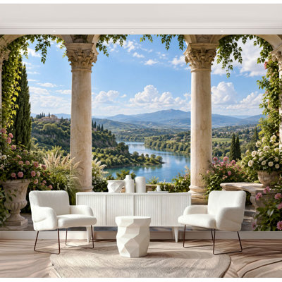 Peel and Stick Wallpaper Elegant Marble Terrace Overlooking River Valley Mountain Wall Murals 100"H x 144"W Removable PVC Wall Paper Self-Adhesive Wall Decor for Bedroom Living Room Home Office
