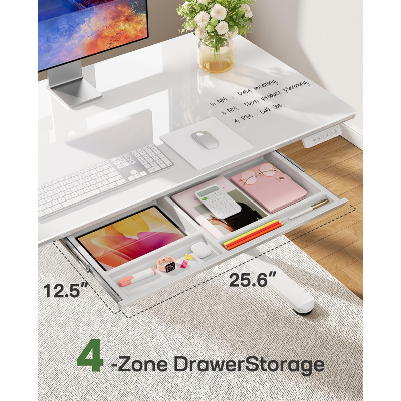 Glass Standing Desk with Writable Surface and Built-In Storage Drawers, Adjustable Height, 28.3" H x 55.1" W x 27.6" D, White