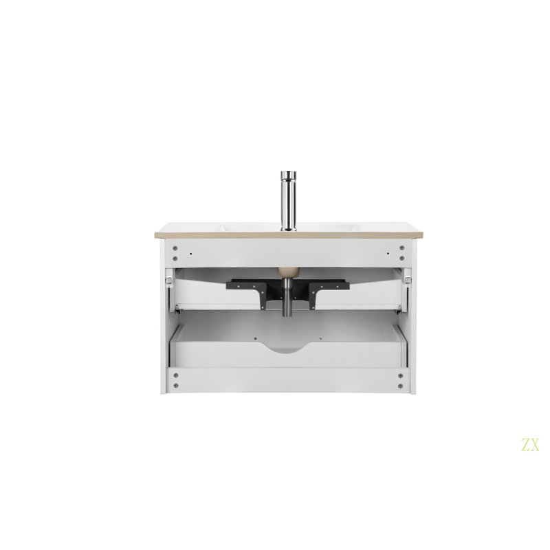 Ce meuble-lavabo mural de 32 pouces avec tiroirs doubles, système de fermeture en douceur, lavabo en céramique crée un espace de salle de bain moderne et minimaliste