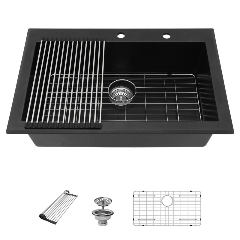33 po d'évier de cuisine en granite à montage sur comptoir en quartz noir classique, rampe