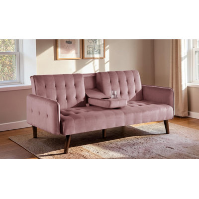 72" Futon Sofa Bed with Fold-Down Cup Holder Table, 2-in-1 Convertible Linen Fabric Sleeper Couch with Wood Legs for Small Space Apartment Living Room, Easy Assembly, Ships in 1 Box