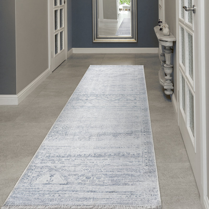Tapis oriental gris / noir en chenille tissé à la machine, Tapis de couloir 2 pi x 6 pi