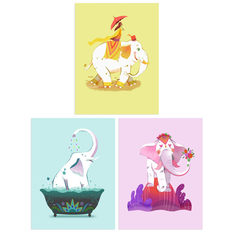 Kids Bedroom Cute White Happy Elephants Yellow Pink Blue - 3 Piece No Frame Print Set, 40.5cm H x 30.5cm W x 0.3cm D