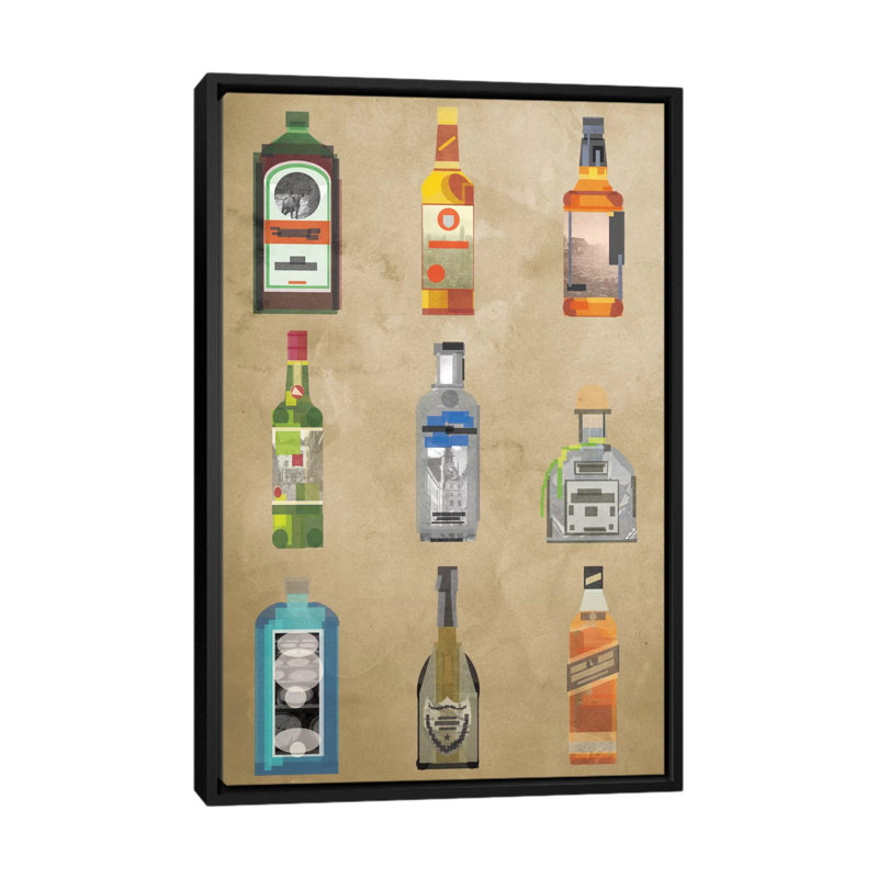 Liquor Bottles, impression sur toile tendue, H 26 po x l 18 po x P 1,5 po, Toile avec cadre noir, Pas de tapis