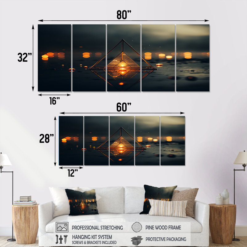 «Minimalist Triangle Essence I - Spiritual Stone», art mural sur toile 5 pièces, H 32 po x l 80 po