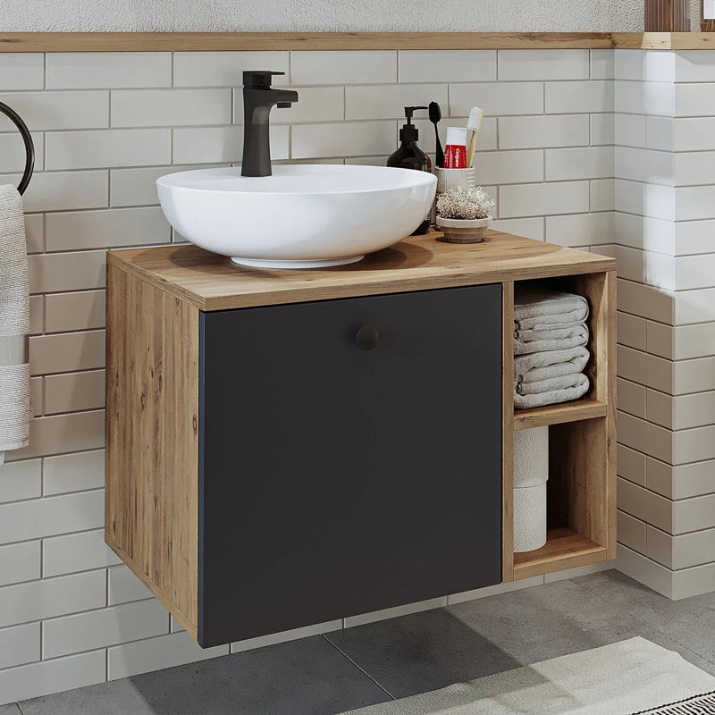 Lotus Bathroom Vanity Unit with Ceramic Washbasin / Sink 65cm, Natural/Black