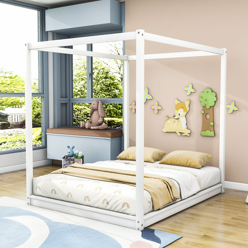 Wooden Canopy Platform Bed with Slats Support, Queen, Natural