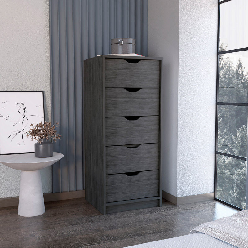 Dresser 42H" 5 Drawers Narrow Dresser, Slim Storage Chest Of Drawers, Bedroom, Smokey Oak, Oak