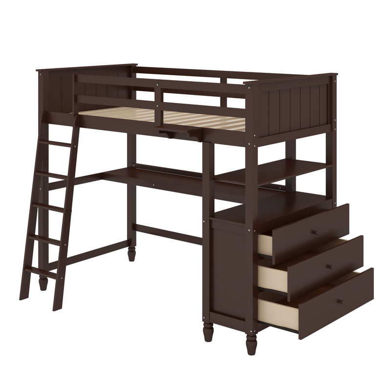 Twin Loft Bed With Drawers,Desk And Shelves, Espresso