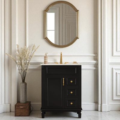 Meuble-lavabo noir 24 po avec lavabo en céramique - Armoire moderne peu encombrante avec 2 tiroirs et tablette réglable