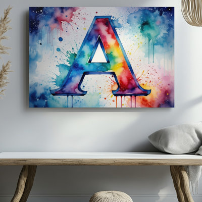 Toile, une grande lettre artistique «A Emerges In Vibrant Watercolor» mettant en vedette un riche spectre de bleus, de rouges, de jaunes et de verts, art mural sur toile