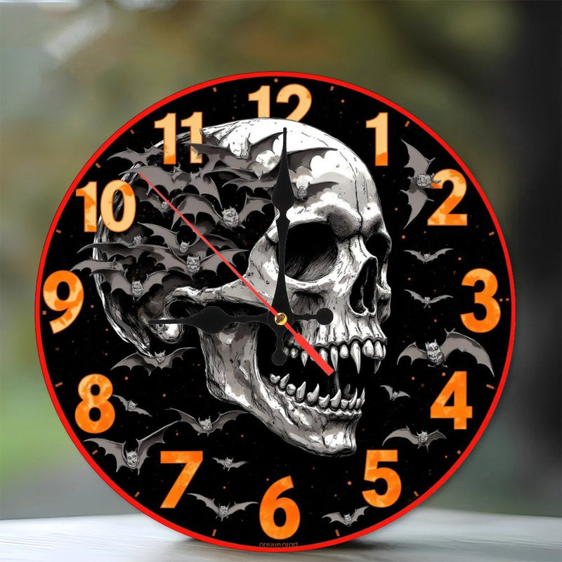 Crâne, horloge, chauves-souris, vol