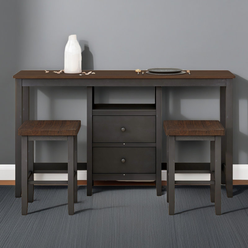 Ensemble de table de salle à manger à hauteur de comptoir en bois 3 pièces avec armoire, 2 tiroirs de rangement et 2 tabourets