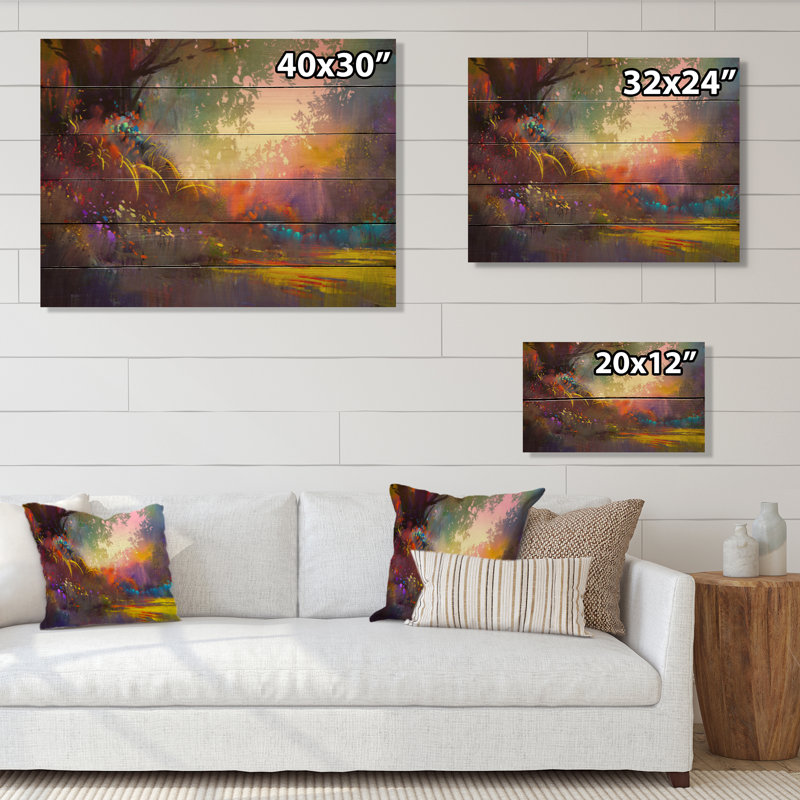 Peinture de paysage coloré - reproduction sans cadre sur bois, H 30 po x l 40 po x P 1 po