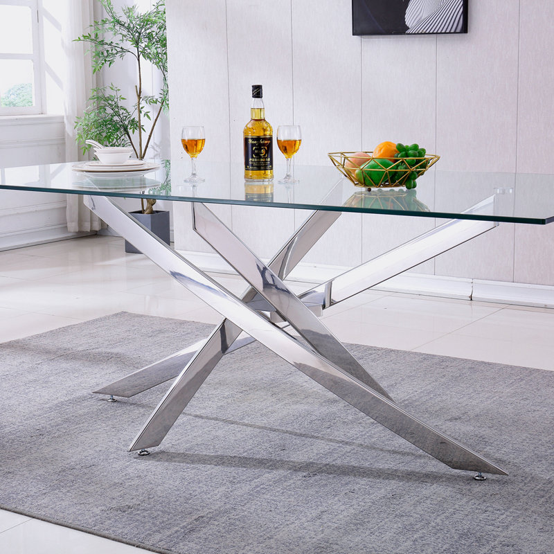 Glass Top Metal Base Dining Table, Silver
