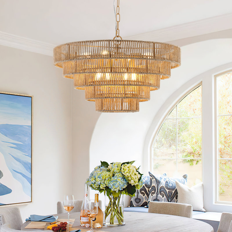 5 Tier 8 Light Raffia Dimmable Chandelier