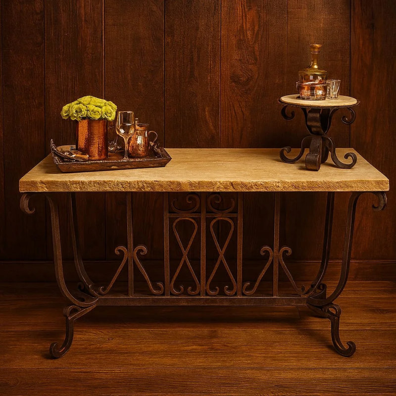 63" Rectangular Chiseled Travertine Console Table - Hand Forged Wrought Iron - Mexports By Susana Molina