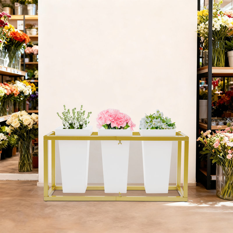 Présentoir à fleurs en métal avec 3 seaux, Blanc / Doré