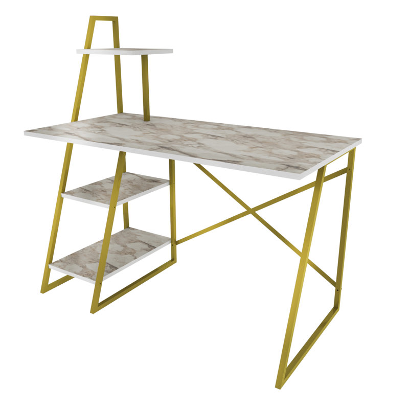 Andersontown 120cm W Rectangular Computer Desk, White Marble and Gold