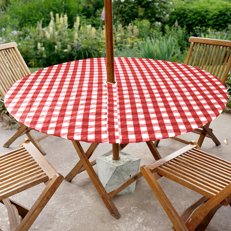 Jevdokija Vinyl Picnic Fited Tableclth With Umbrella Hole 30" Round, Red, 42" x 30"